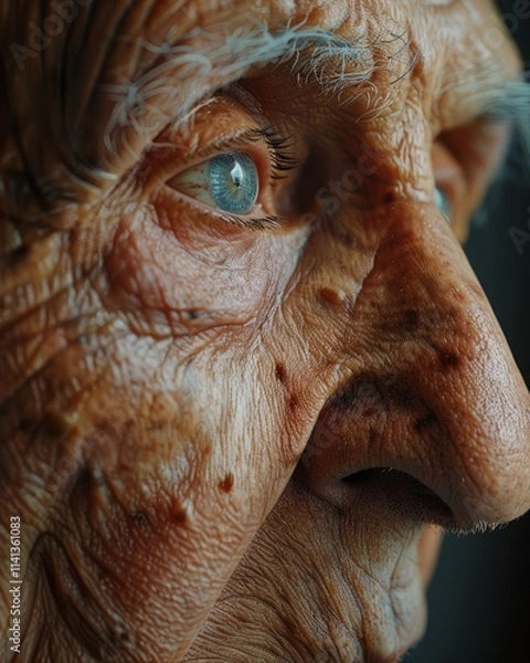 Fototapeta Close-up portrait of an elderly man's face, showing wrinkles, age spots, and expressive eyes.