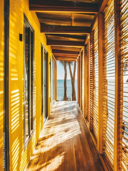 Fototapeta magazine style photo-like, 8k high resolution, natural house, white gray tone, chill lifestyle, comfortable and neat, wooden and ocean atmosphere, close-up shot, minimalist and background. nice view, 