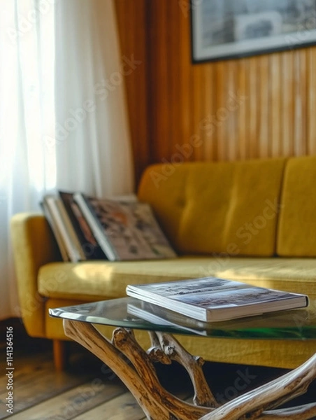 Fototapeta magazine style photo-like, 8k high resolution, natural house, white gray tone, chill lifestyle, comfortable and neat, wooden and ocean atmosphere, close-up shot, minimalist and background. nice view, 