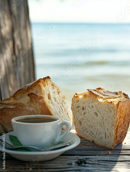 Fototapeta cup of coffee and bread, magazine style photo-like, 8k high resolution, natural house, yellow white tone, chill lifestyle, comfortable and neat, wooden and ocean atmosphere, close-up shot