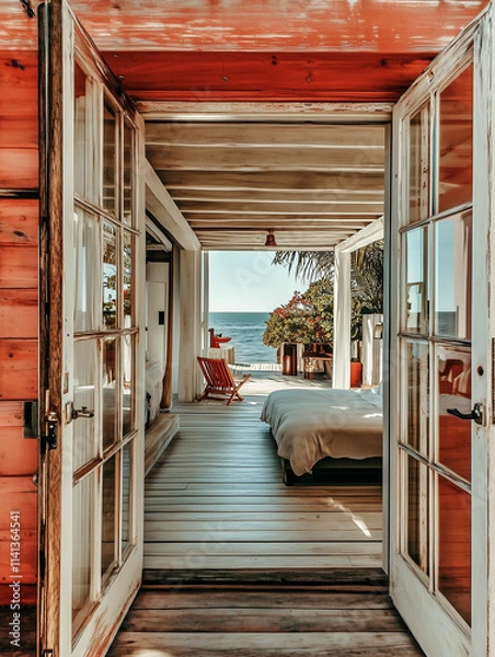 Obraz magazine style photo-like, 8k high resolution, natural house, white gray tone, chill lifestyle, comfortable and neat, wooden and ocean atmosphere, close-up shot, minimalist and background. nice view, 
