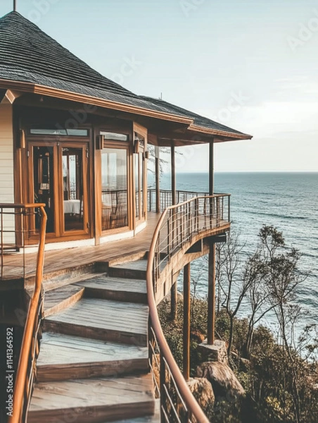 Fototapeta magazine style photo-like, 8k high resolution, no body, house, white gray tone, chill lifestyle, comfortable and neat, ocean atmosphere, close-up shot, minimalist and background. nice view, vacation.
