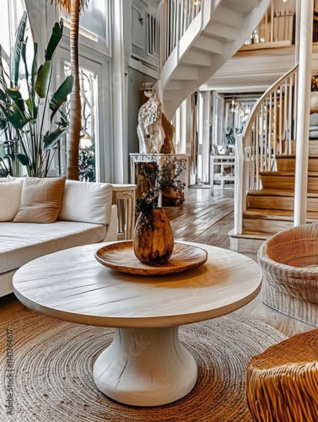 Fototapeta magazine style photo-like, 8k high resolution, natural house, white gray tone, chill lifestyle, comfortable and neat, wooden and ocean atmosphere, close-up shot, minimalist and background. nice view, 