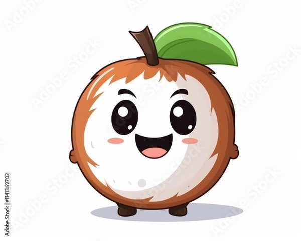 Obraz Cute Cartoon Character of a Happy Coconut with a Green Leaf