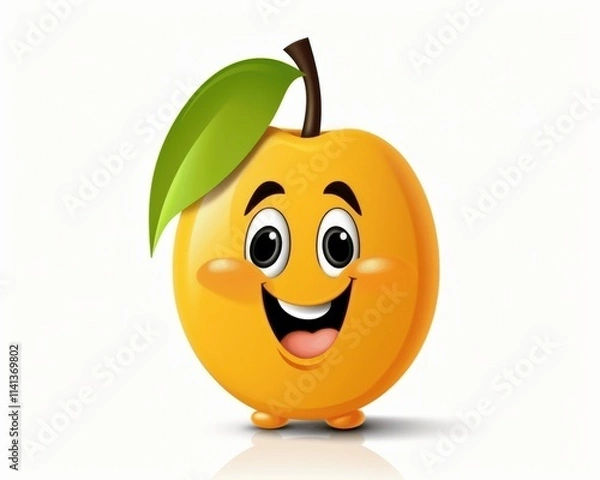 Obraz Happy Cartoon Style Yellow Fruit Character with Leaf and Smile