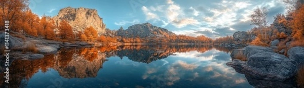 Fototapeta Calm autumn lake reflecting colorful trees and mountains under a cloudy sky.