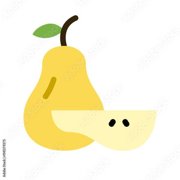 Obraz Flat Design Pear Fruit Illustration – Whole Yellow Pear with Slice Vector Icon