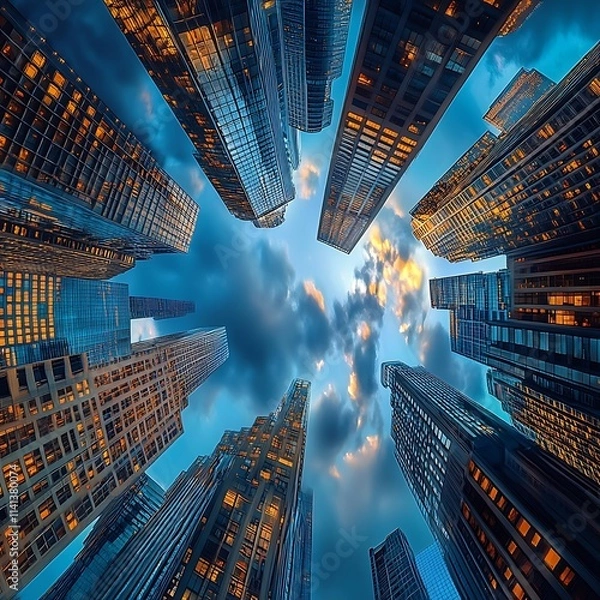 Fototapeta Dramatic Aerial View of Skyscrapers Under a Cloudy Blue Sky
