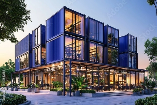 Fototapeta Modern Modular Eco Friendly Mixed Use Commercial Building with Outdoor Terrace and Stylish Lighting at Sunset
