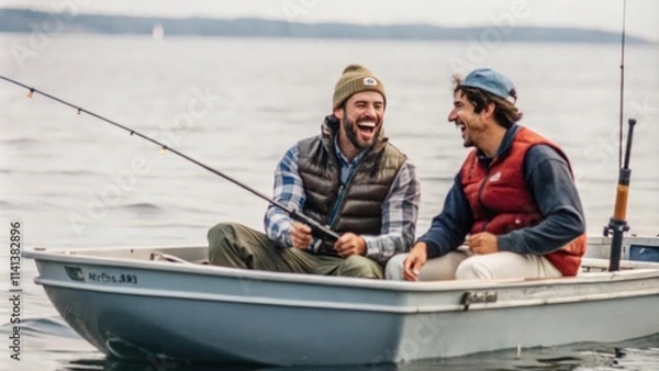 Fototapeta Two Men Laughing While Fishing in a Boat on a Lake