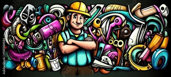 Fototapeta Handyman cartoon with tools and objects in vibrant art style.