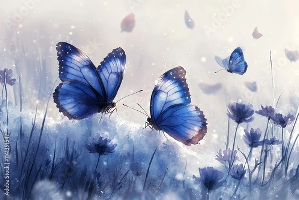 Obraz Ice wall with butterflies in the snow, light purple butterfly pattern, frozen grasses and flowers, soft lighting, and tranquil watercolor background.