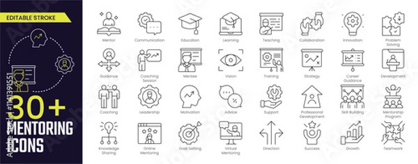Obraz Mentoring Stroke icon collections. Containing Mentor, Communication, Education, Learning, Mentee, Support, Skill Building and Online Mentoring icons. Editable Stroke icon collection Outline icon