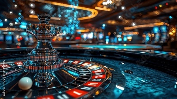 Fototapeta Exquisite Close-Up of a Spinning Roulette Wheel at a Bustling Casino with Bright Lights and Colorful Slot Machines in the Background Capturing the Excitement of Gambling