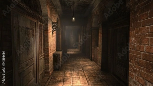 Fototapeta Dark, long hallway with brick walls and wooden doors.
