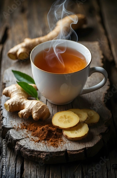 Obraz A steaming cup of ginger tea on a rustic board, with fresh ginger slices and a sprinkle of cinnamon nearby. The warm, earthy tones create a soothing and organic atmosphere