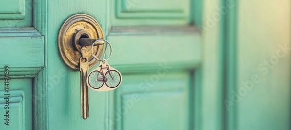Fototapeta Keys in a door lock with bicycle charm.