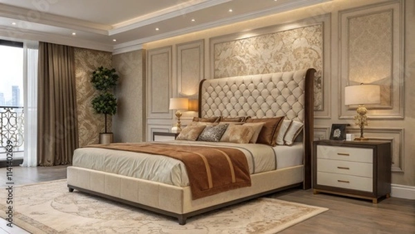 Fototapeta A sophisticated personal retreat with a plush headboard elegantly upholstered in ornate fabric contrasting beautifully with the warm layer upon layer of bedding. The soft textures