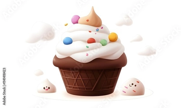 Fototapeta Stylized 3D ice cream cone with sprinkles and cute cloud figures.