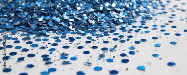 Fototapeta Sparkly blue sequins confetti scattered on a white background, confetti, playful