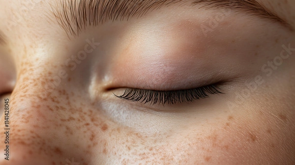 Fototapeta Close-up portrait of a person with eyes closed, showcasing detailed, thick, and beautifully curled eyelashes, smooth skin texture, and natural lighting. The image focuses on serene facial features and