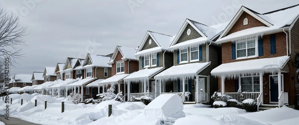 Obraz Snowy street lined with homes covered in snow and icicles during winter