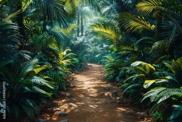 Fototapeta A dirt path through a lush, green jungle with sunbeams filtering through the leaves. AI generative.