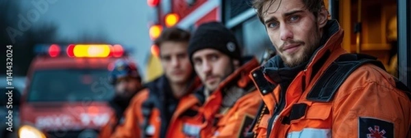 Fototapeta Closeup of a young man in an orange jacket with a red star. He is standing near an ambulance with other men in orange. AI generative.