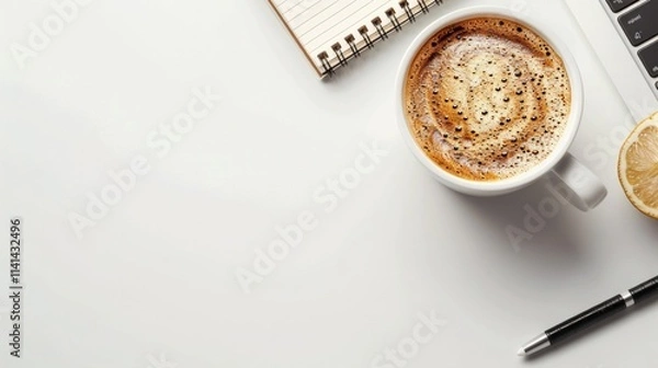 Fototapeta Top view of a white desk with a cup of coffee, a notebook, a pen and a slice of lemon. AI generative.