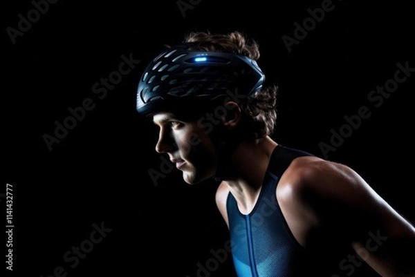 Fototapeta Profile shot of a person wearing a blue racing singlet and black helmet with a blue light. AI generative.