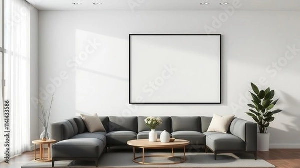 Fototapeta Modern living room with a wall art mockup and black frame beside a blank canvas, blank, mockup