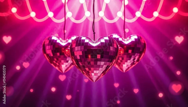 Fototapeta Valentine's day celebration with heart shaped disco balls romantic venue abstract photography pink atmosphere