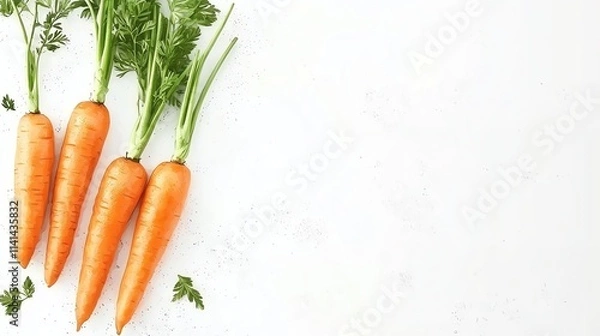 Fototapeta Fresh, vibrant carrots with green tops arranged on a light background, highlighting their organic appeal and nutritional value.
