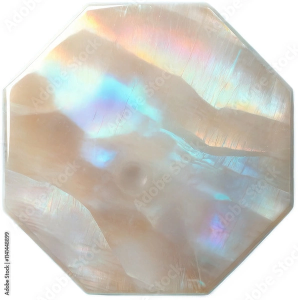 Obraz A luminous hexagon-shaped piece of iridescent mother-of-pearl, featuring a mesmerizing play of colors like white, blue, and gold. Perfect for jewelry design, luxury themes, or decorative inspirations.