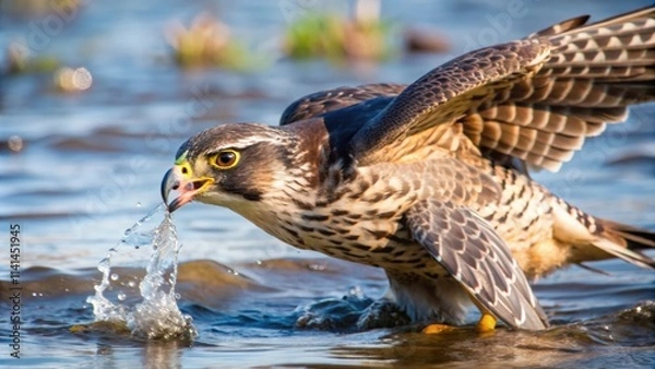Fototapeta A Hawk Dipping its Beak into Water, creating a Splash