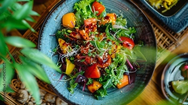 Fototapeta A top view of a vibrant Japanese salad with fresh vegetables on a ceramic plate