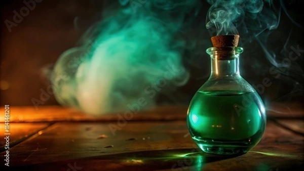 Fototapeta A Glass Bottle Filled with Green Liquid, Emitting Smoke, Sitting on a Wooden Surface