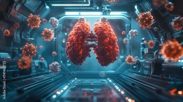 Fototapeta Lungs infected with glowing viruses in futuristic lab. Illustrates the impact of viral diseases on respiratory system.