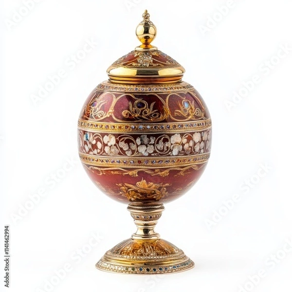 Fototapeta Ornate spherical glass vase with gold accents and gemstone inlay on a pedestal base.