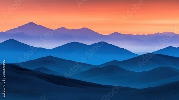 Fototapeta Vivid hues of orange and blue blend across abstract dune formations at sunset, creating a tranquil atmosphere in the desert landscape