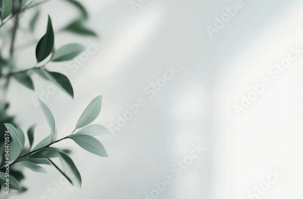 Fototapeta Green leaves and shadow on white background.