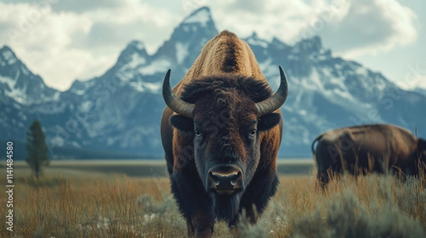 Fototapeta Bison grazing in a mountainous landscape during late afternoon with dramatic skies