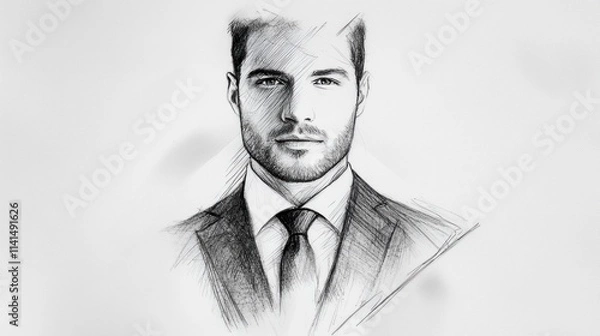 Obraz A sophisticated pencil sketch of a man in a suit, showcasing a confident expression and refined style.