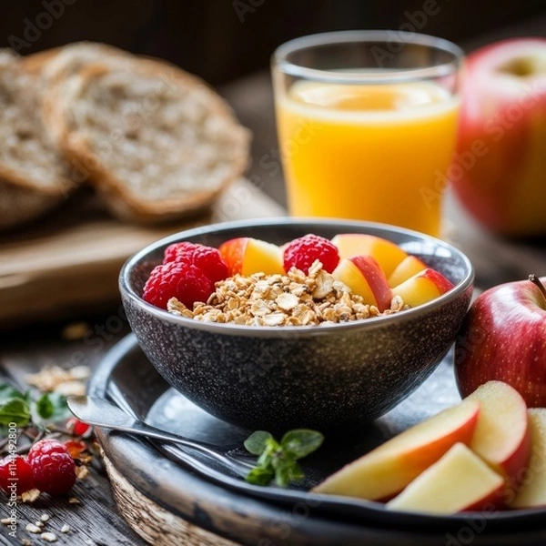 Obraz scrumptious breakfast with OJ, wholegrain bread, apple, and cereal
