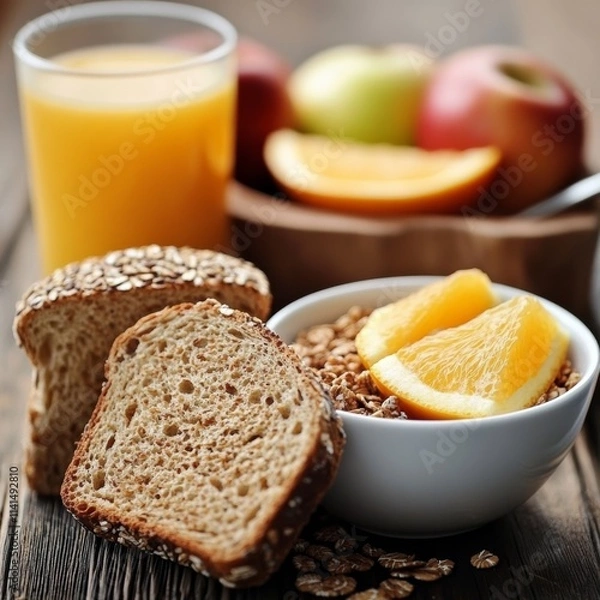 Fototapeta yummy breakfast with OJ, bread, apple, and cereal