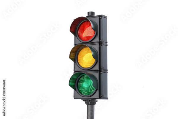 Fototapeta A standard three-light traffic signal shows red, yellow, and green lit indicators, embodying urban traffic control and systematic road safety, against on a transparent background