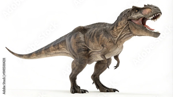Fototapeta A Monstrous Tyrannosaurus Rex Digital Illustration Featuring an Ominous Presence and Glaring Eyes on Whit