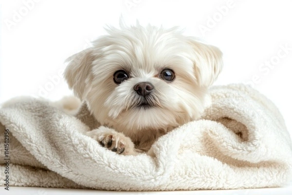 Fototapeta Cute small white dog resting on soft blanket with fluffy texture