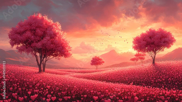 Fototapeta Pink field of flowers with a pink tree in the distance, pink sky, Valentine's Day theme