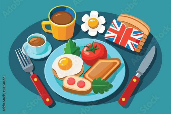 Fototapeta A customizable English breakfast is elegantly arranged with coffee, eggs, toast, and vegetables, English breakfast Customizable Disproportionate Illustration